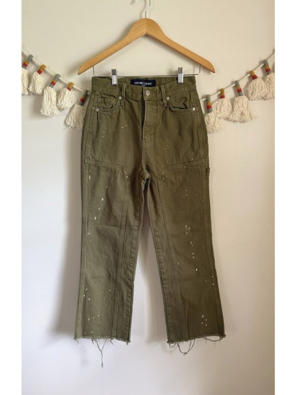 Veronica Beard Full Length Straight Leg High Rise Jeans Green Splatter Denim 25